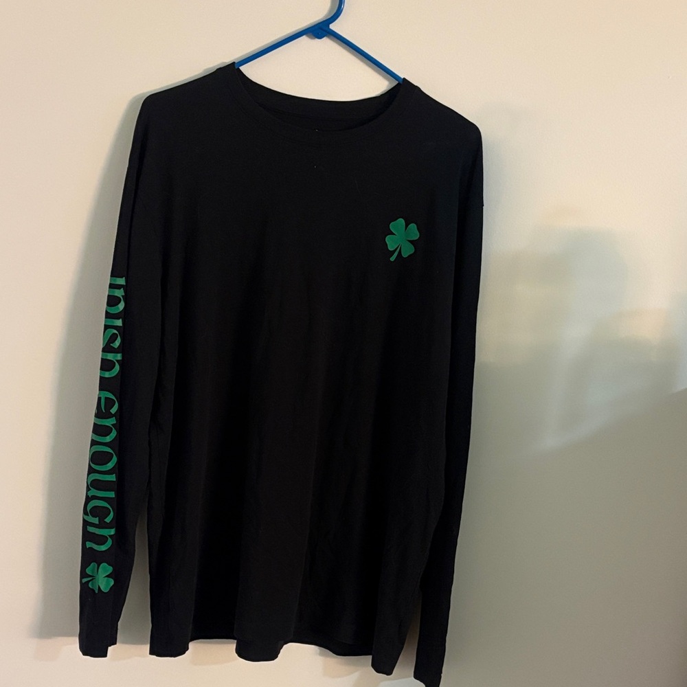 Black Long Sleeve Shirt with Green Shamrock